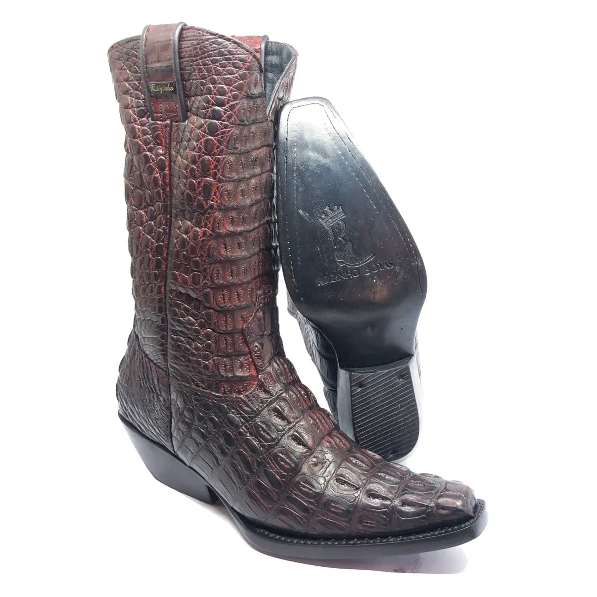 Bota Reizinho Premium Couro Jacaré Vinho Limited Edition - Cano Alto, Bico Fino Quadradinho, Solado Couro Artesanal