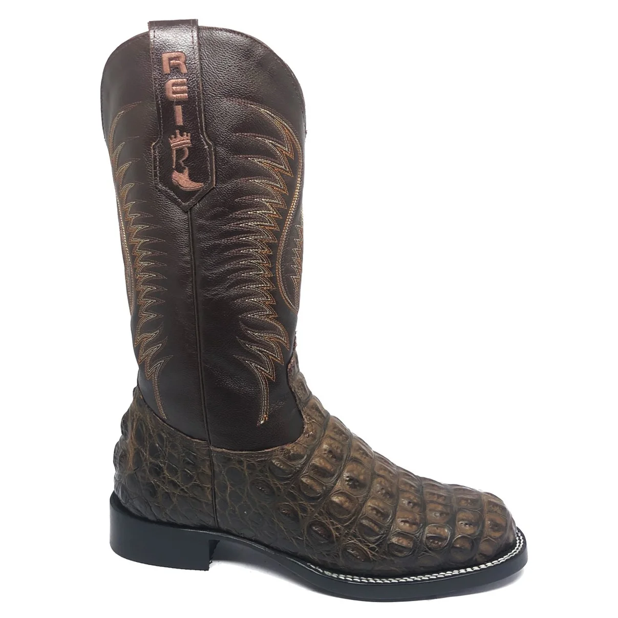 Bota Reizinho Premium Couro De Jacaré Marrom Limited Edition - Cano Alto, Bico Redondo, Solado De Couro Artesanal