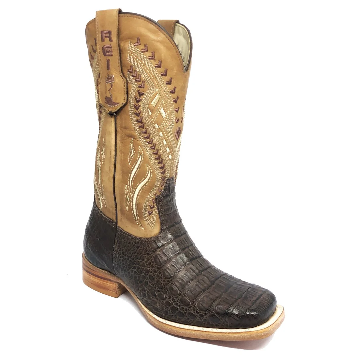 Bota Reizinho Premium Couro De Jacaré Marrom Limited Edition - Cano Alto, Bico Quadrado, Solado De Couro Artesanal