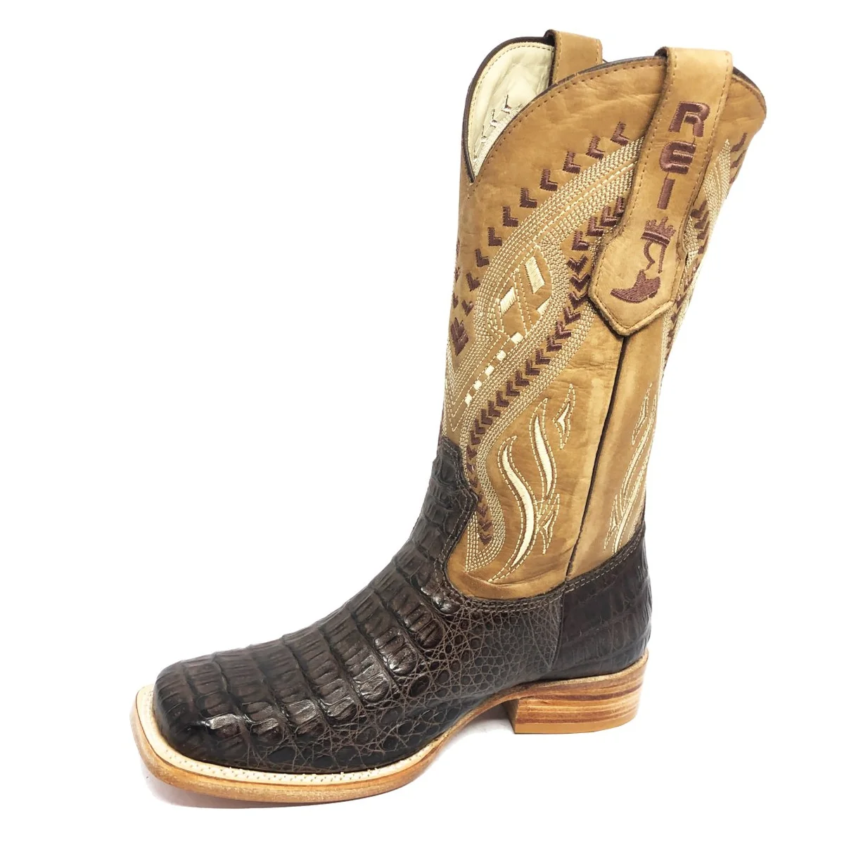 Bota Reizinho Premium Couro De Jacaré Marrom Limited Edition - Cano Alto, Bico Quadrado, Solado De Couro Artesanal