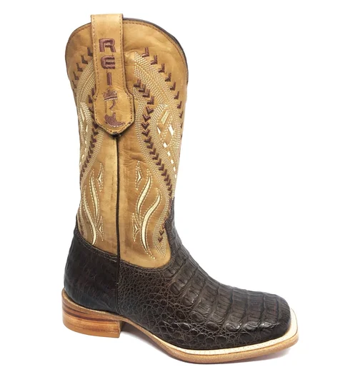 Bota Texana de Couro de Jacaré Marrom | Cano Alto Marrom Old | Bordado “RZ027” | Reizinho Botas