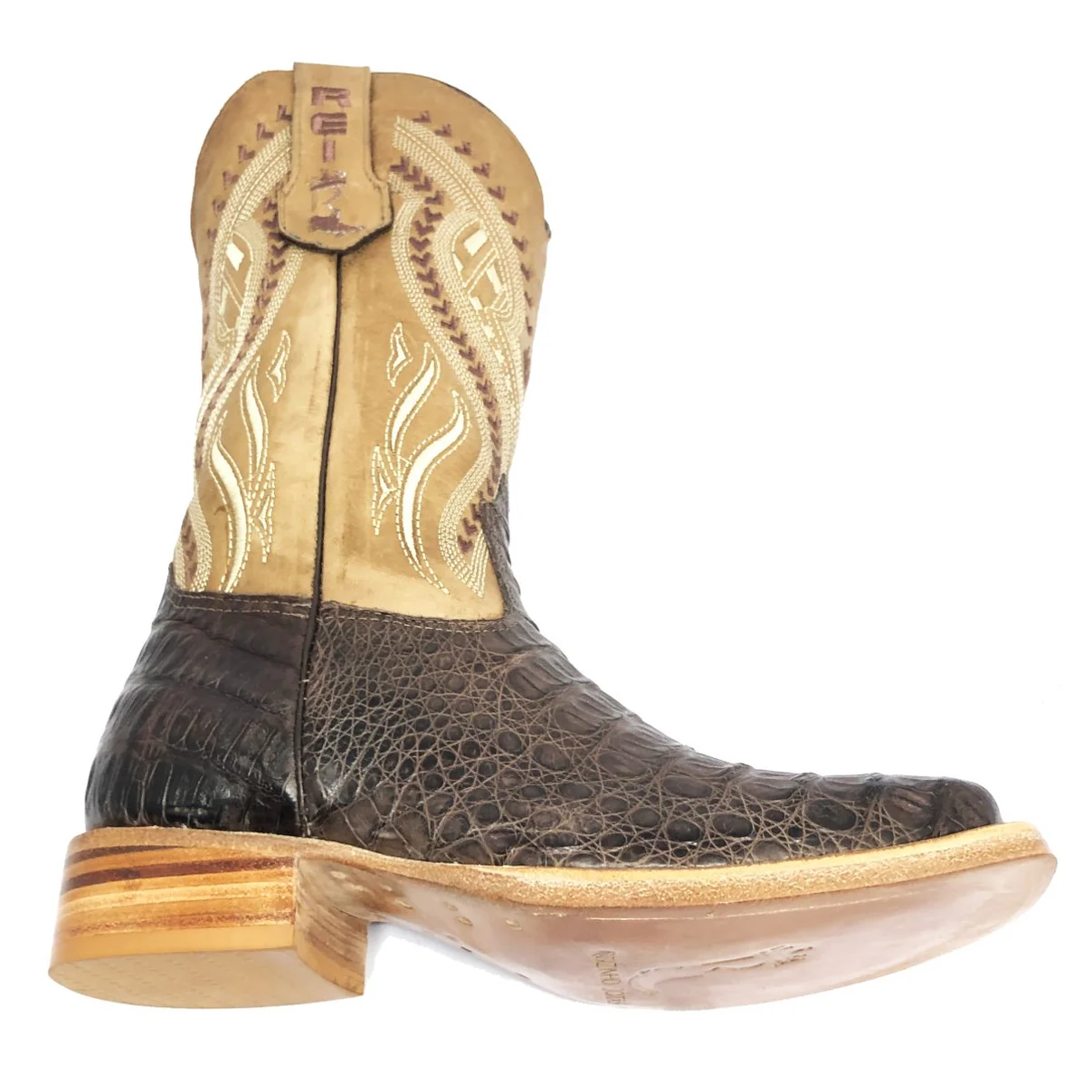 Bota Reizinho Premium Couro De Jacaré Marrom Limited Edition - Cano Alto, Bico Quadrado, Solado De Couro Artesanal