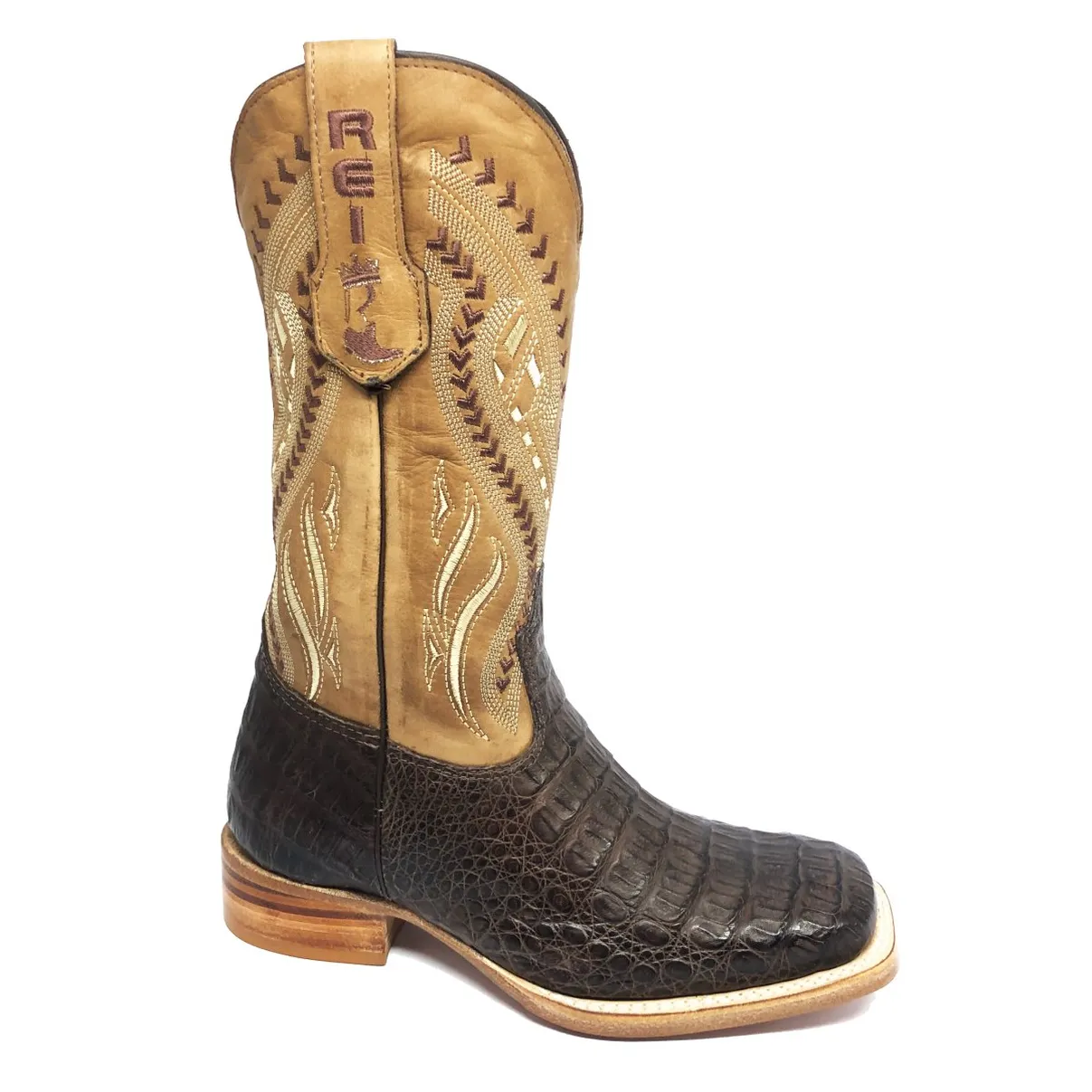 Bota Reizinho Premium Couro De Jacaré Marrom Limited Edition - Cano Alto, Bico Quadrado, Solado De Couro Artesanal