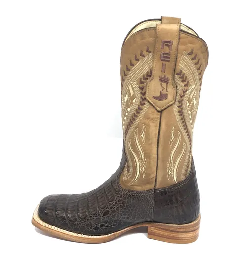Bota Texana de Couro de Jacaré Marrom | Cano Alto Marrom Old | Bordado “RZ027” | Reizinho Botas