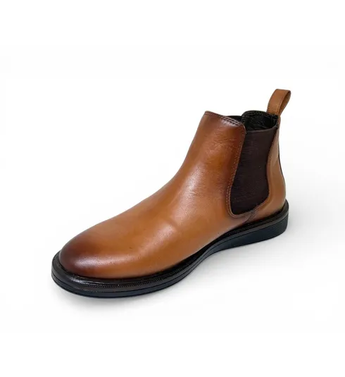 Bota Chelsea Alfa de Couro Bovino Marrom Havana - Cano Curto Elástico, Bico Redondo | Reizinho Botas