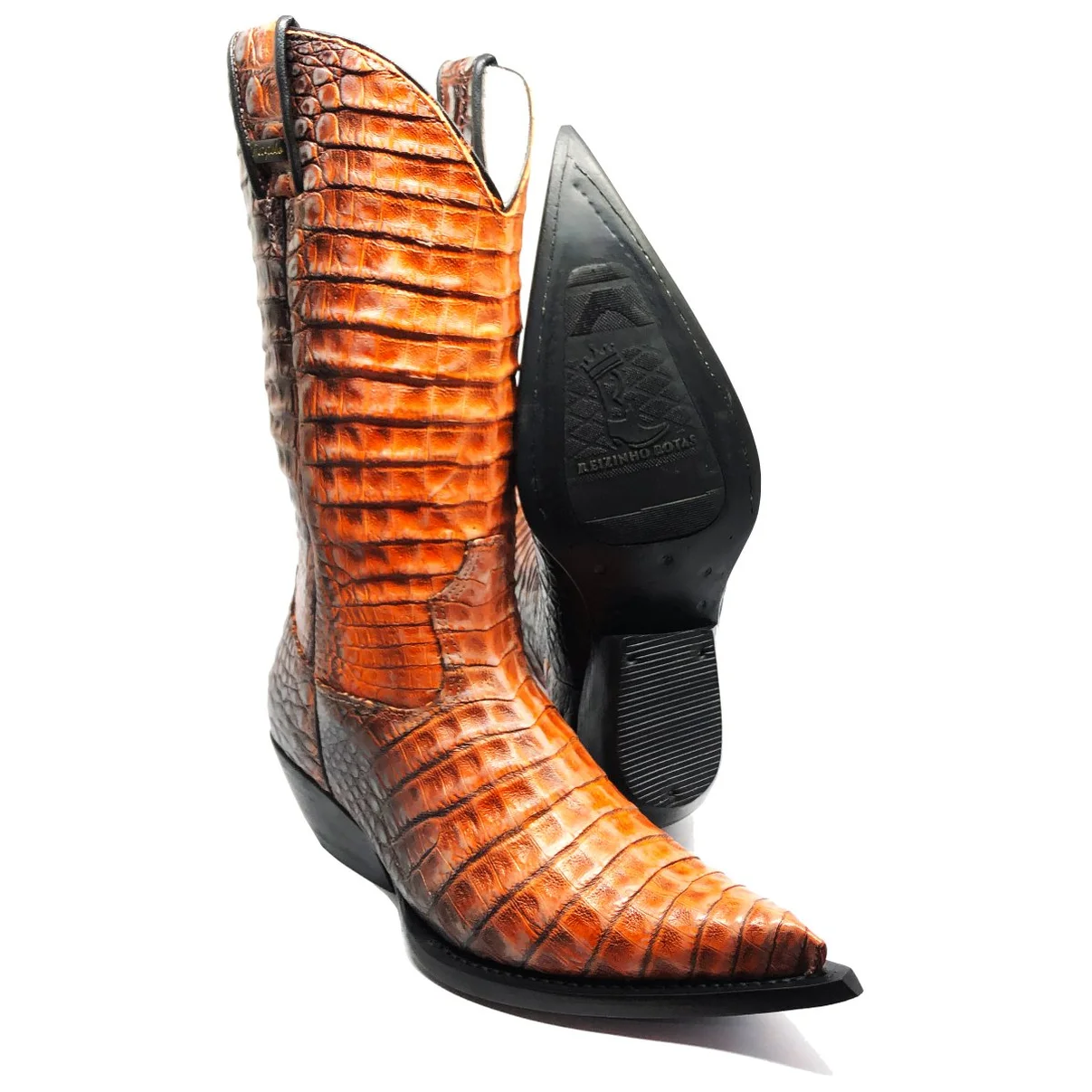 Bota Reizinho Premium Couro De Jacaré Darkness Orange Limited Edition - Cano Alto, Bico Fino, Solado Couro Injetado Arte