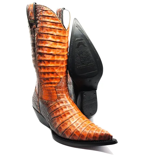 Bota Texana Inteira de Couro de Jacaré Darkness Orange | Limited Edition | Linha Premium | Reizinho Botas