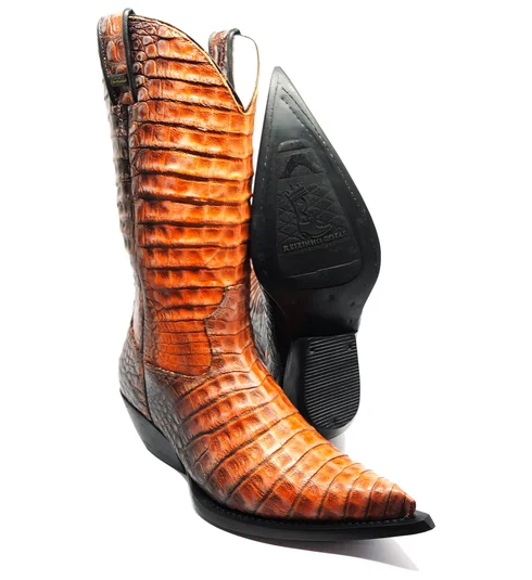 Bota Texana Inteira de Couro de Jacaré Darkness Orange | Limited Edition | Linha Premium | Reizinho Botas