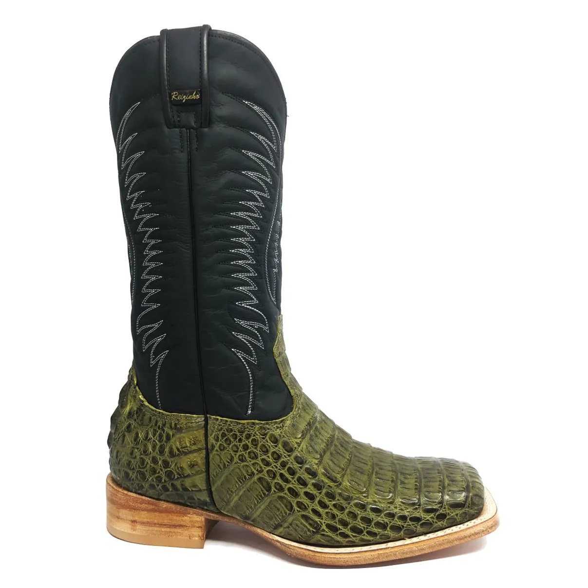 Bota Reizinho Premium Couro De acaré Verde Musgo Limited Edition - Cano Alto, Bico Quadrado, Solado Couro Artesanal