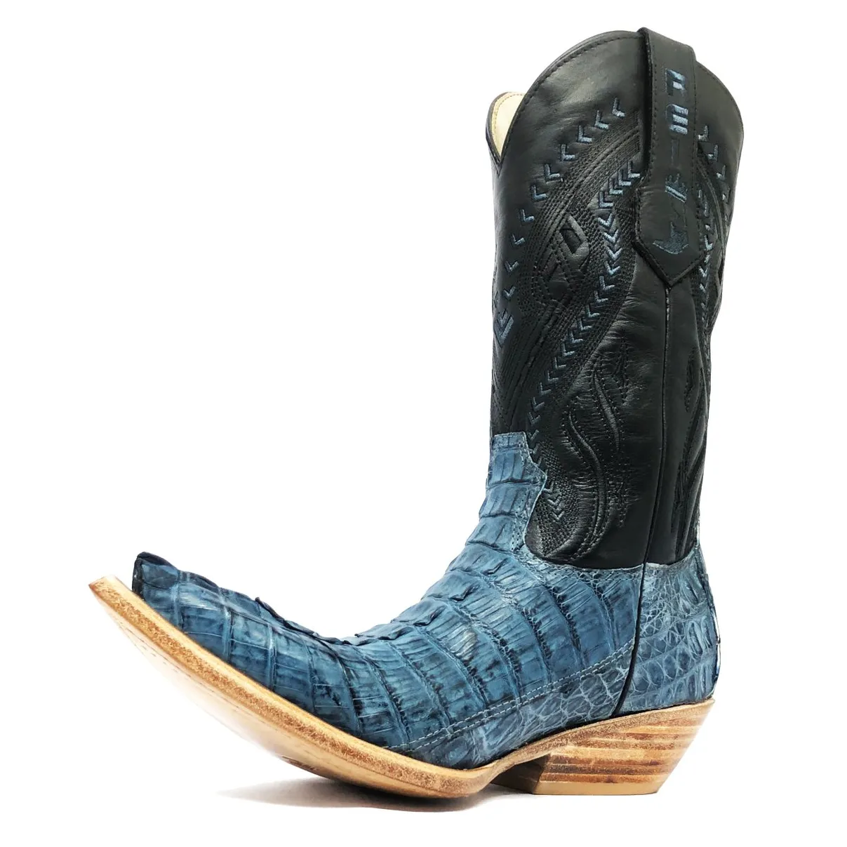 Bota Reizinho Premium Couro De Jacaré Blue Stone Rabo Limited Edition - Cano Alto, Bico Fino, Solado Couro Artesanal