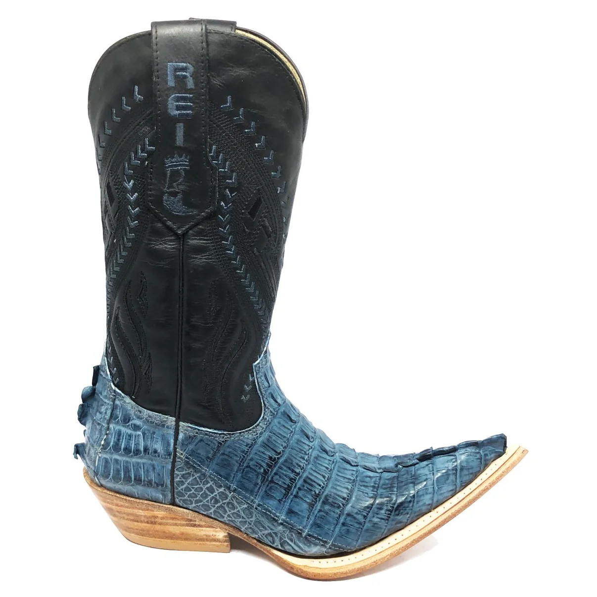 Bota Reizinho Premium Couro De Jacaré Blue Stone Rabo Limited Edition - Cano Alto, Bico Fino, Solado Couro Artesanal