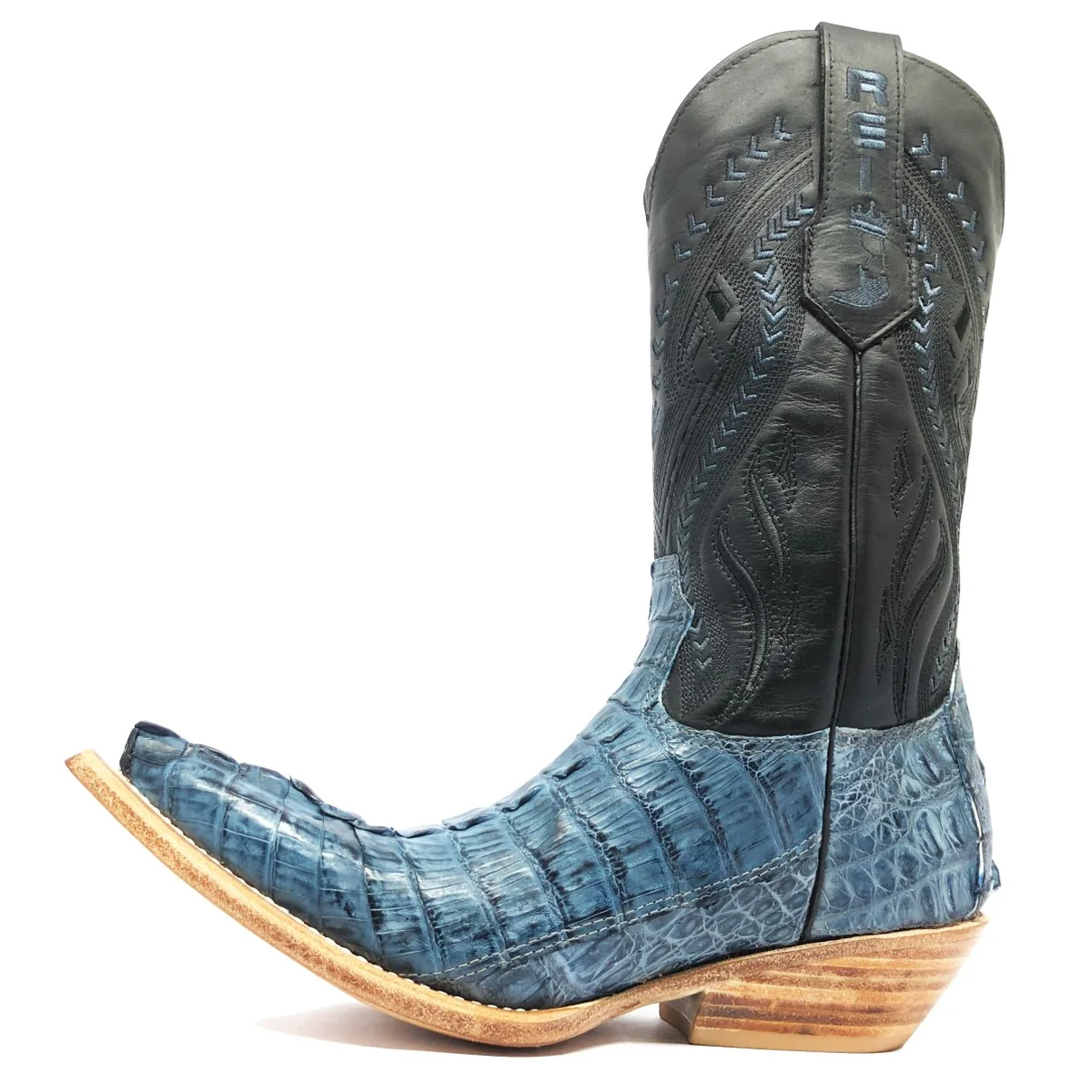 Bota Reizinho Premium Couro De Jacaré Blue Stone Rabo Limited Edition - Cano Alto, Bico Fino, Solado Couro Artesanal