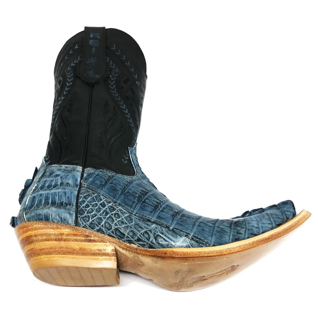 Bota Reizinho Premium Couro De Jacaré Blue Stone Rabo Limited Edition - Cano Alto, Bico Fino, Solado Couro Artesanal