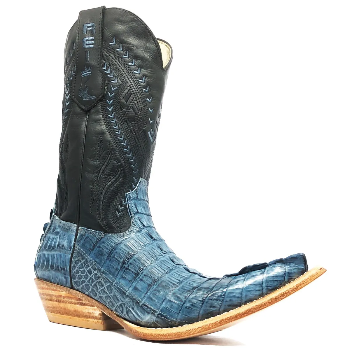 Bota Reizinho Premium Couro De Jacaré Blue Stone Rabo Limited Edition - Cano Alto, Bico Fino, Solado Couro Artesanal