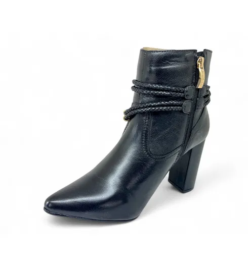 Bota Texana Feminina de Couro Bovino Preta - Cano Curto Zíper e Corrente, Bico Fino | Reizinho Botas
