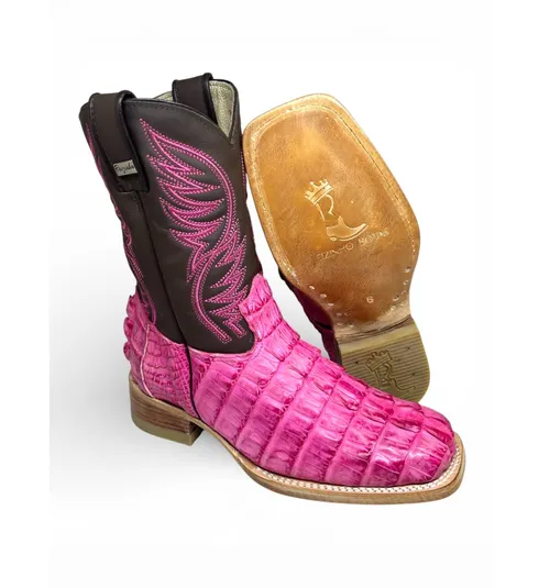 Bota Texana Reizinho Premium de Jacaré Rosa - Cano Médio, Bico Quadrado - Solado de Couro Artesanal | Reizinho Botas