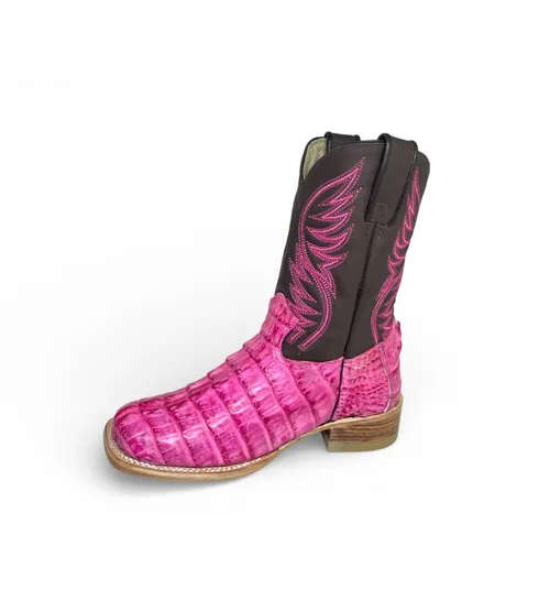 Bota Texana Reizinho Premium de Jacaré Rosa - Cano Médio, Bico Quadrado - Solado de Couro Artesanal | Reizinho Botas