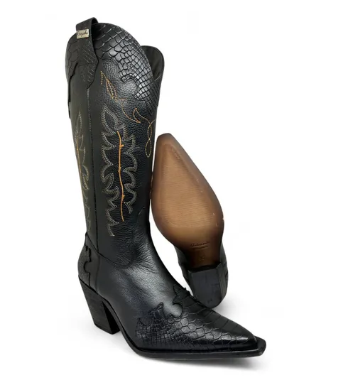 Bota Texana Feminina Reizinho De Couro Bovino Preta - Cano Alto, Bico Fino Kedol, Solado Borracha