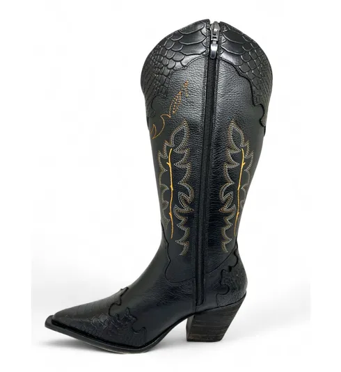 Bota Texana Feminina Reizinho De Couro Bovino Preta - Cano Alto, Bico Fino Kedol, Solado Borracha
