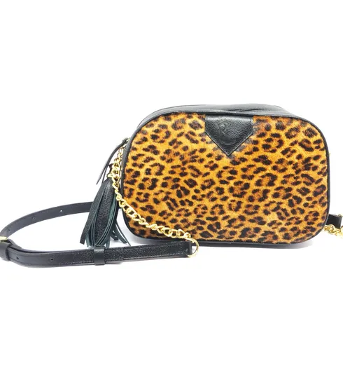 Bolsa De Couro Bovino Legítimo Preto Com Estampa De Onça