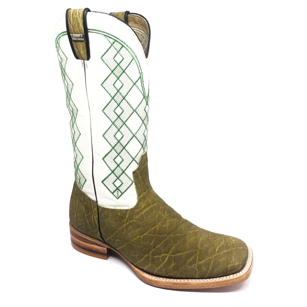Bota Reizinho Premium Couro De Elefante Verde Musgo Limited Edition - Cano Alto, Bico Quadrado, Solado Couro Artesanal