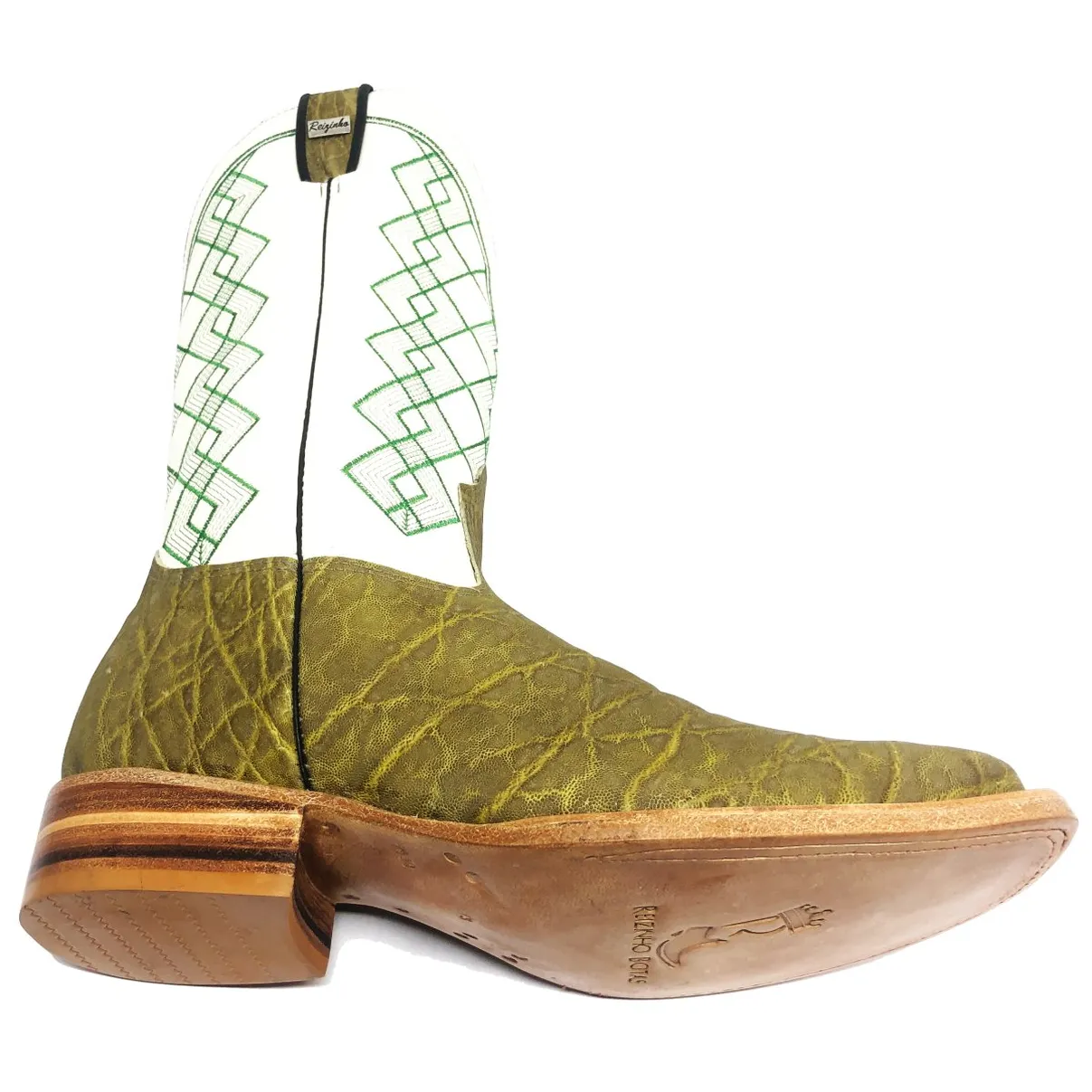Bota Reizinho Premium Couro De Elefante Verde Musgo Limited Edition - Cano Alto, Bico Quadrado, Solado Couro Artesanal