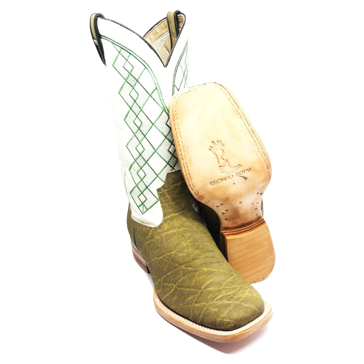 Bota Reizinho Premium Couro De Elefante Verde Musgo Limited Edition - Cano Alto, Bico Quadrado, Solado Couro Artesanal