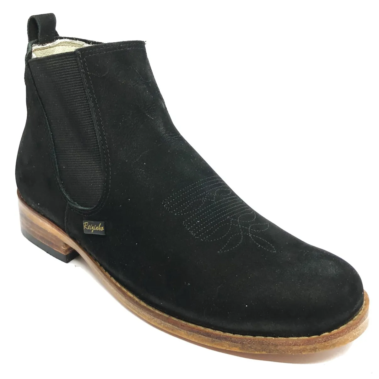 Bota Casual De Couro Bovino Bufalada Preta - Cano Curto, Bico Redondo, SOLADO DE COURO ARTESANAL