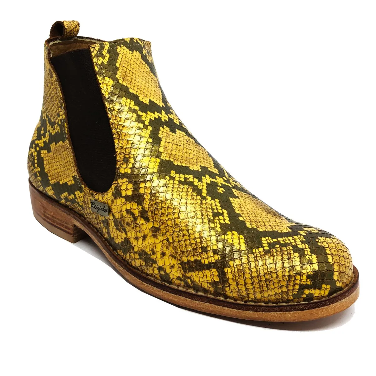 Bota Casual de Couro Bovino Imitação de Cobra Yellow - Cano Curto, Bico Redondo, SOLADO DE COURO ARTESANAL