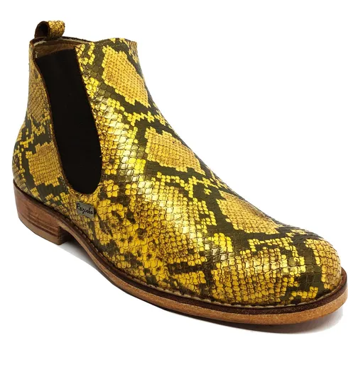 Bota Casual de Couro Bovino Imitação de Cobra Yellow - Cano Curto, Bico Redondo, SOLADO DE COURO ARTESANAL