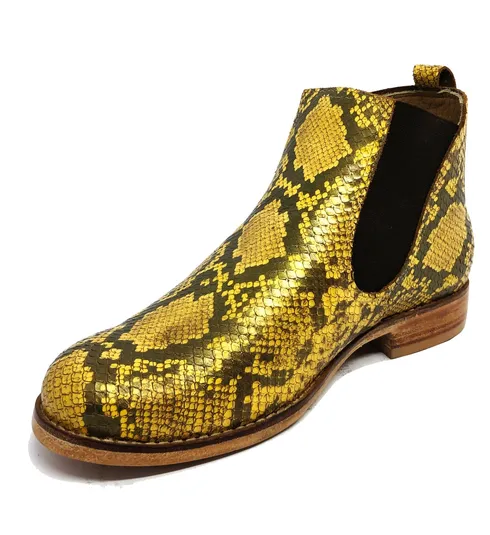 Bota Casual de Couro Bovino Imitação de Cobra Yellow - Cano Curto, Bico Redondo, SOLADO DE COURO ARTESANAL