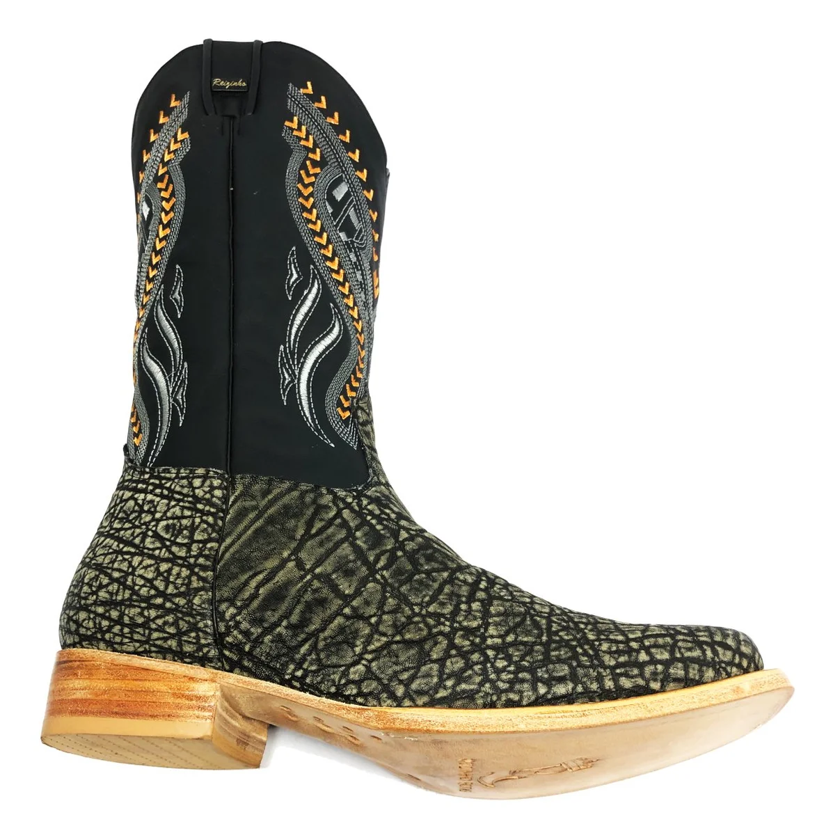 Bota Reizinho Premium Couro De Elefante Cinza Natural Limited Edition - Cano Alto, Bico Quadrado, Solado De Couro Artesa