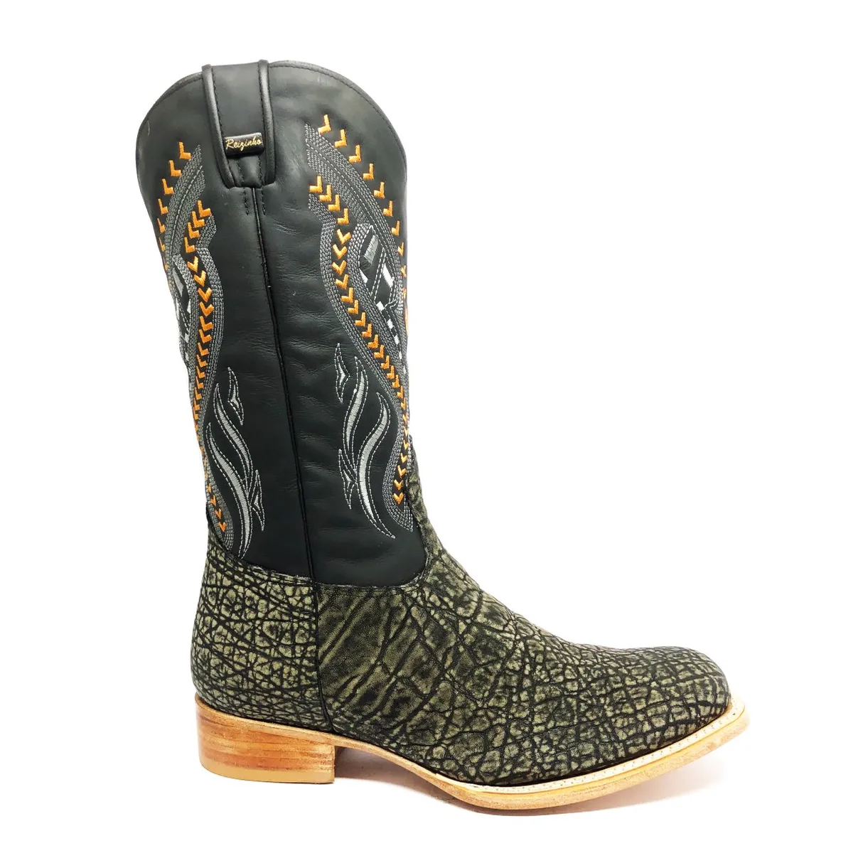 Bota Reizinho Premium Couro De Elefante Cinza Natural Limited Edition - Cano Alto, Bico Quadrado, Solado De Couro Artesa