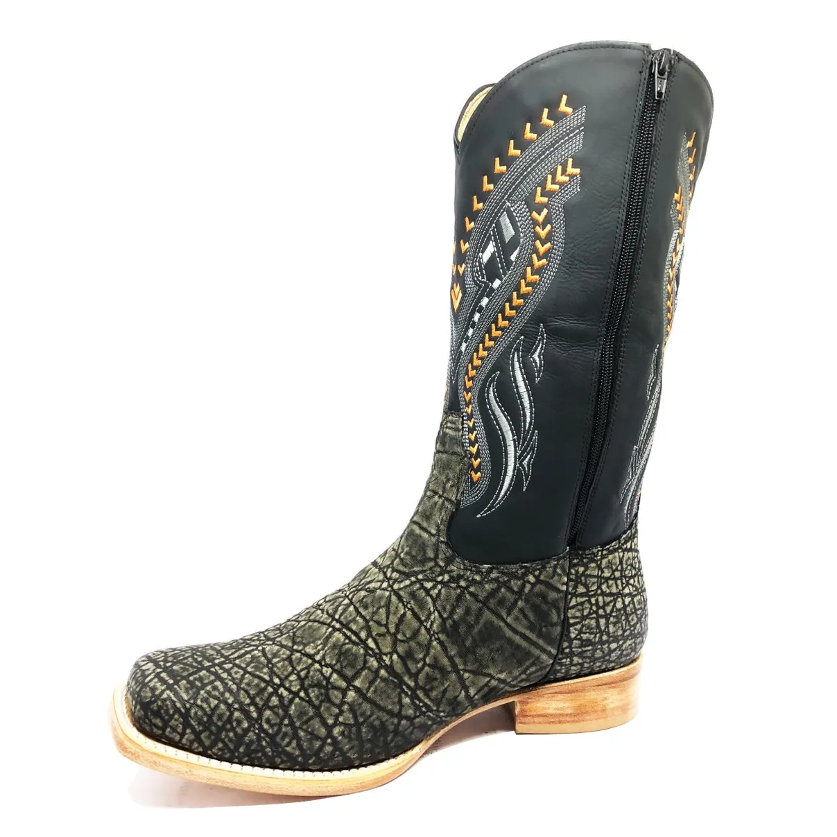 Bota Reizinho Premium Couro De Elefante Cinza Natural Limited Edition - Cano Alto, Bico Quadrado, Solado De Couro Artesa