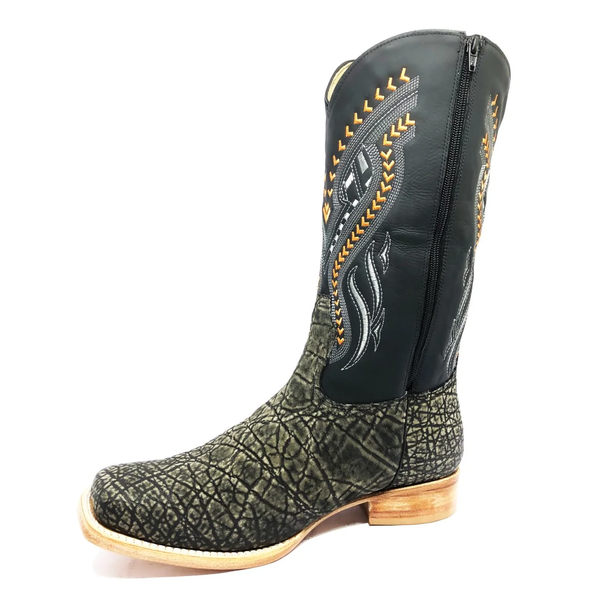 Bota Reizinho Premium Couro De Elefante Cinza Natural Limited Edition - Cano Alto, Bico Quadrado, Solado De Couro Artesa