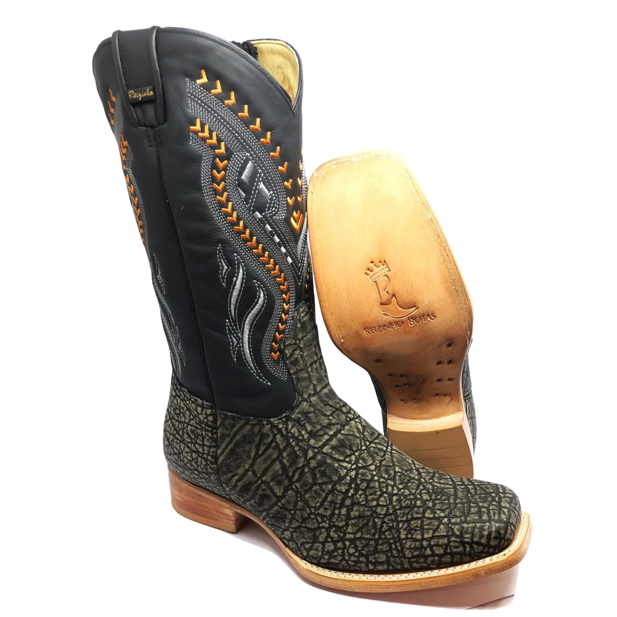 Bota Reizinho Premium Couro De Elefante Cinza Natural Limited Edition - Cano Alto, Bico Quadrado, Solado De Couro Artesa