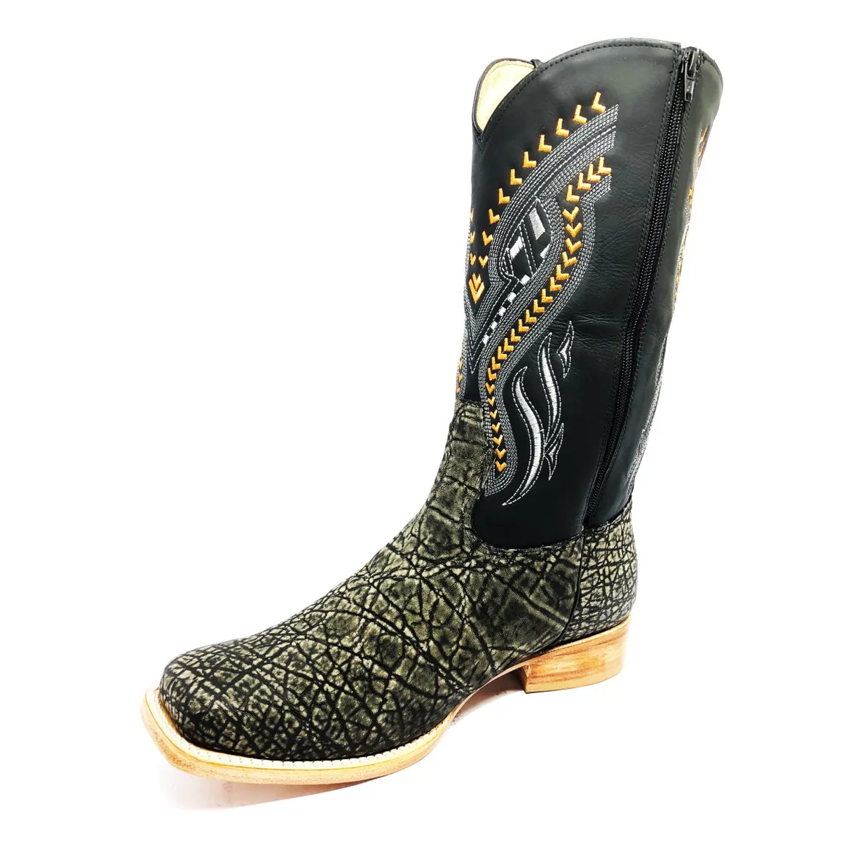 Bota Reizinho Premium Couro De Elefante Cinza Natural Limited Edition - Cano Alto, Bico Quadrado, Solado De Couro Artesa