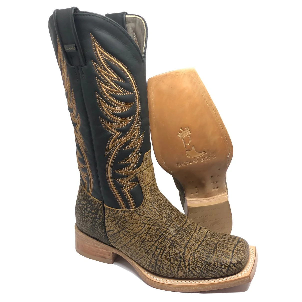 Bota Reizinho Premium Couro Bovino Imitação Elefante Black Cognac Limited Edition - Cano Alto, Bico Quadrado, Solado Cou