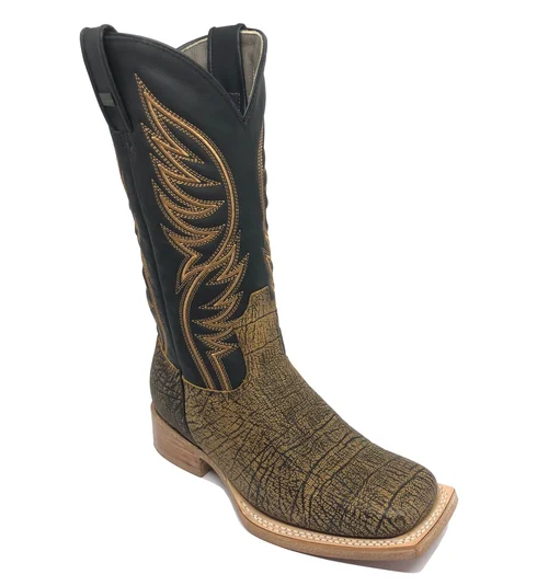 Bota Texana de Couro Bovino Imitação de Elefante Black Cognac | Bico Quadrado | Reizinho Botas