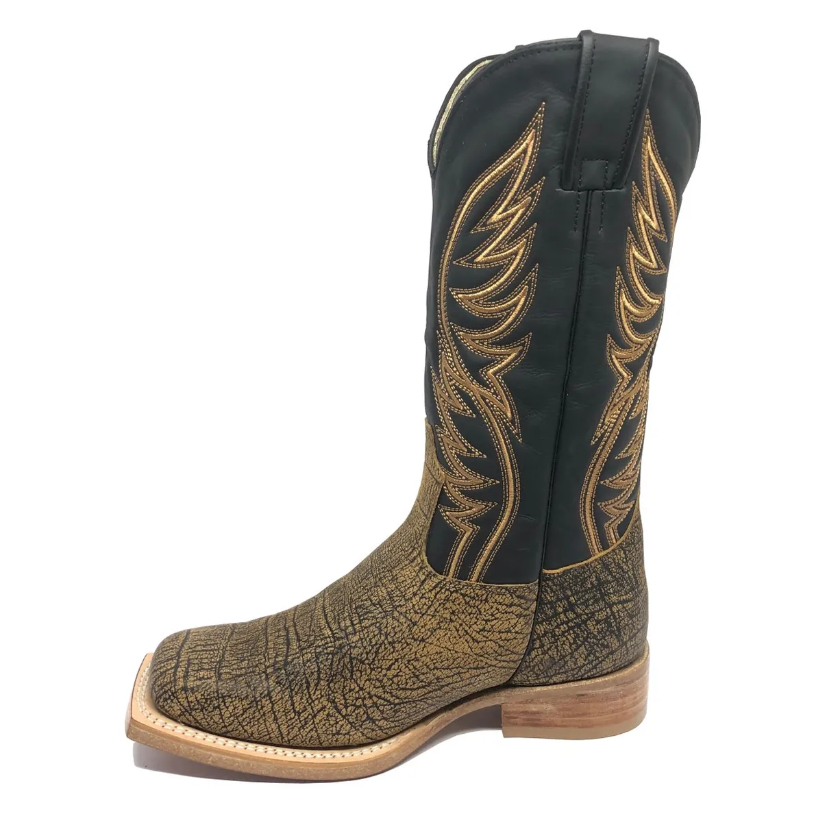 Bota Reizinho Premium Couro Bovino Imitação Elefante Black Cognac Limited Edition - Cano Alto, Bico Quadrado, Solado Cou
