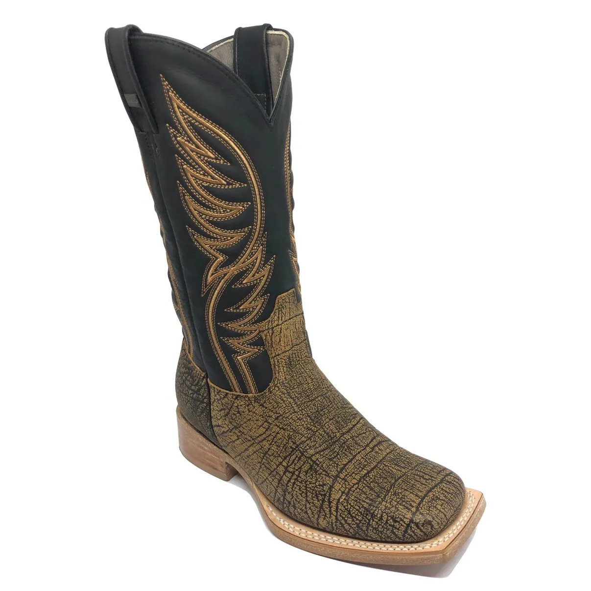 Bota Reizinho Premium Couro Bovino Imitação Elefante Black Cognac Limited Edition - Cano Alto, Bico Quadrado, Solado Cou