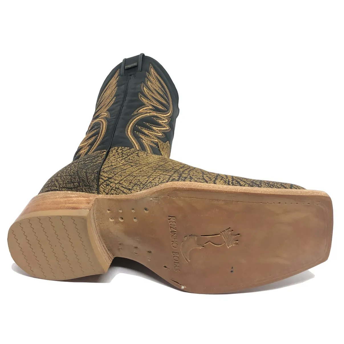 Bota Reizinho Premium Couro Bovino Imitação Elefante Black Cognac Limited Edition - Cano Alto, Bico Quadrado, Solado Cou