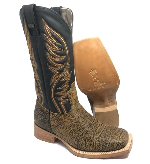 Bota Texana de Couro Bovino Imitação de Elefante Black Cognac | Bico Quadrado | Reizinho Botas
