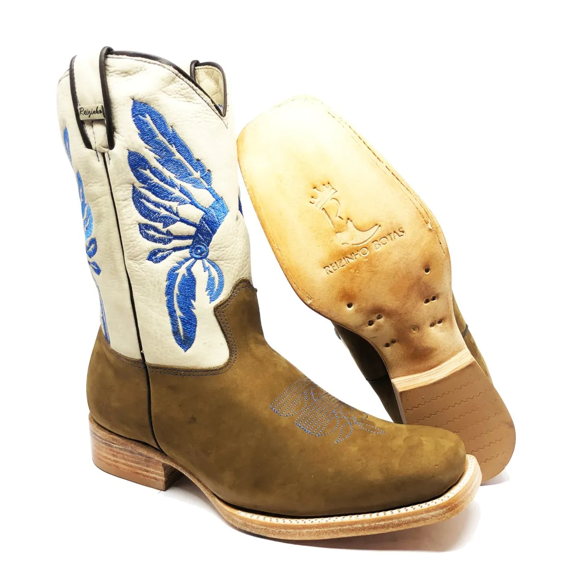 Bota Reizinho Premium De Couro Bovino Bufalada Marfim Limited Edition - Cano Médio, Bico Quadrado, Solado Couro Artesana