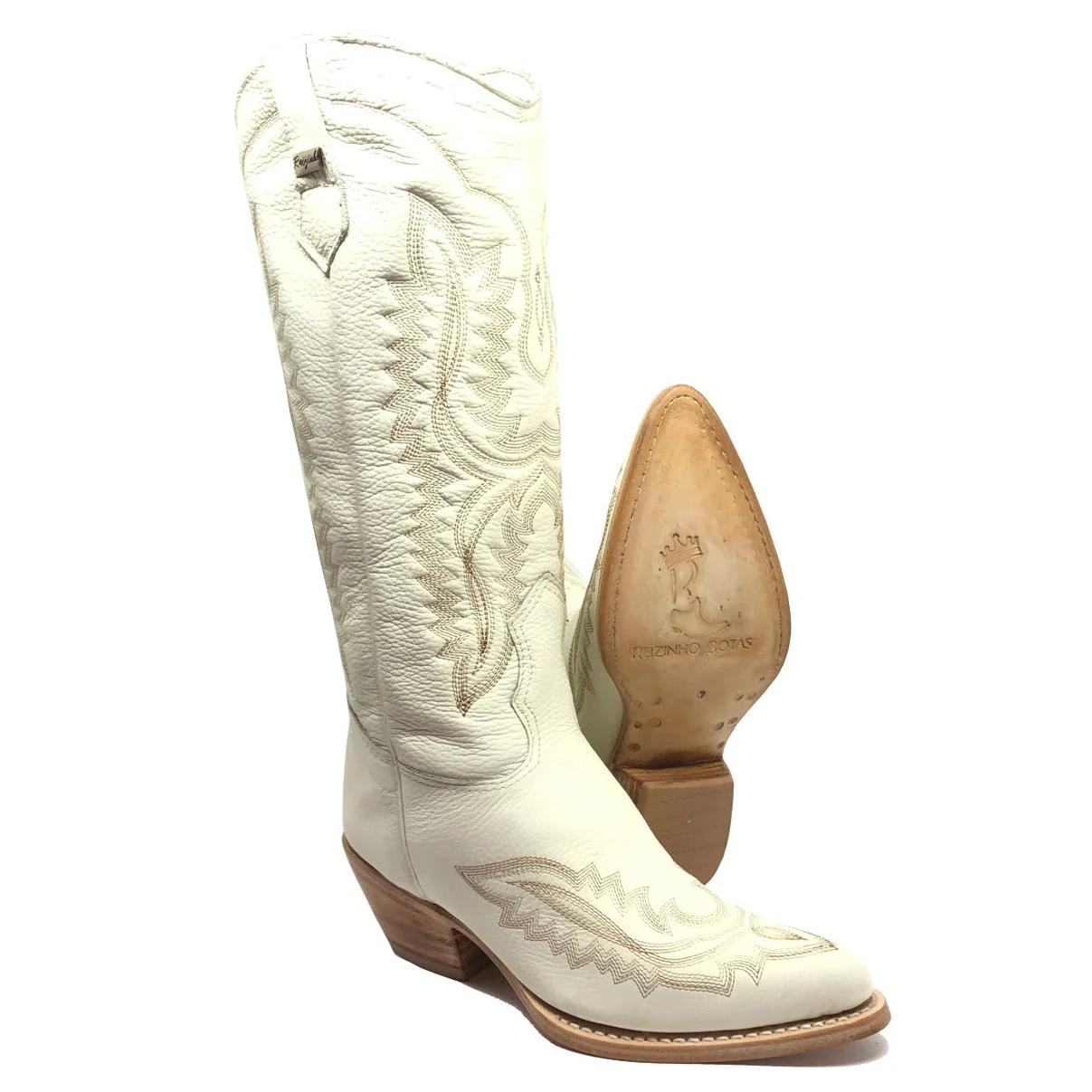 Bota Reizinho Western Premium Couro Bovino Off White Limited Edition - Cano Alto, Bico Fino Arredondado, Solado Couro Ar