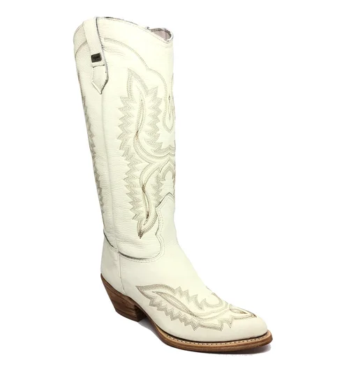 Bota Texana Feminina de Couro Bovino Bege Off White | Reizinho Botas