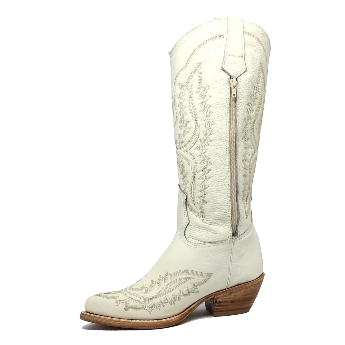 Bota Reizinho Western Premium Couro Bovino Off White Limited Edition - Cano Alto, Bico Fino Arredondado, Solado Couro Ar