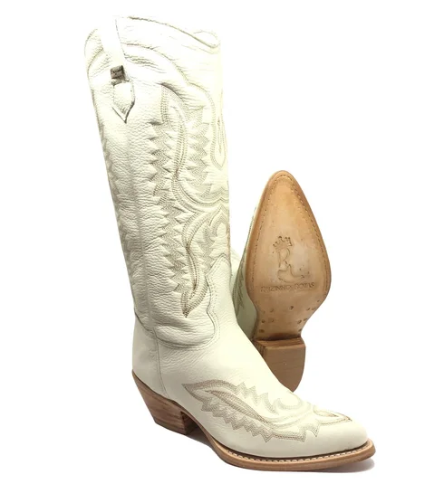 Bota Texana Feminina de Couro Bovino Bege Off White | Reizinho Botas