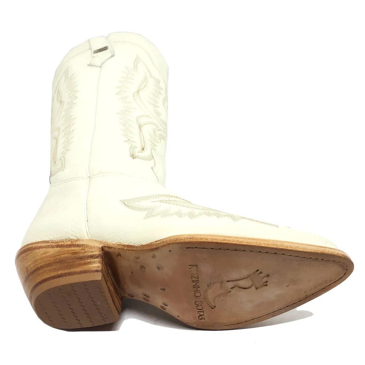 Bota Reizinho Western Premium Couro Bovino Off White Limited Edition - Cano Alto, Bico Fino Arredondado, Solado Couro Ar