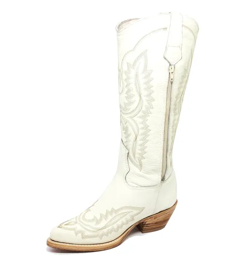 Bota Texana Feminina de Couro Bovino Bege Off White | Reizinho Botas